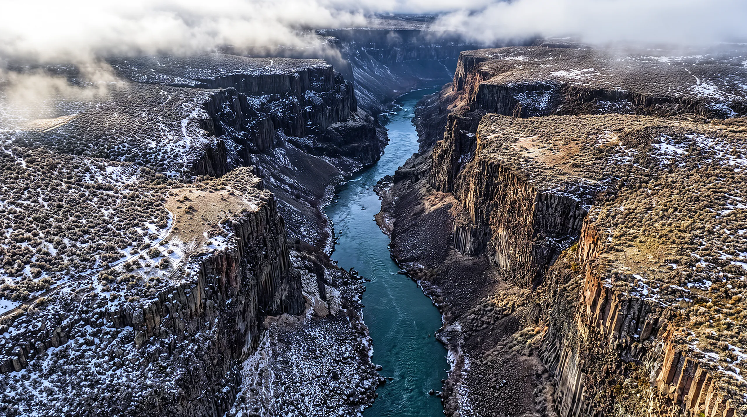 Looking straight down into a basalt river canyon from just below the clouds