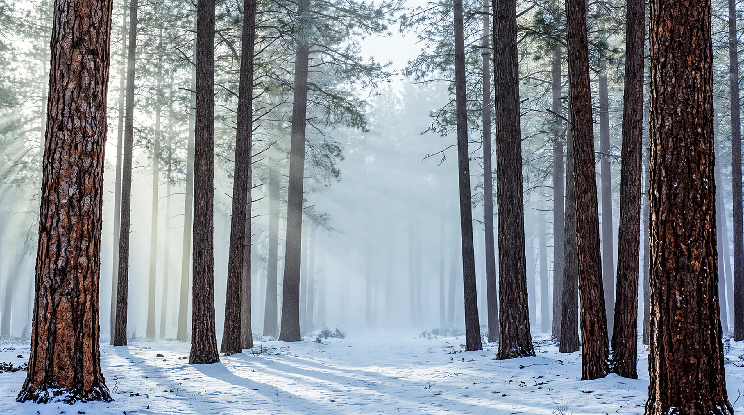 Morning light falling in shafts through a misty pine forest in snow